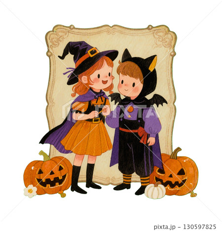 ハロウィン仮装の可愛い子供たちのイラスト｜魔女・こうもり・かぼちゃランタン 130597825