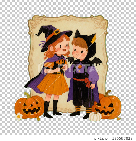 ハロウィン仮装の可愛い子供たちのイラスト｜魔女・こうもり・かぼちゃランタン 130597825