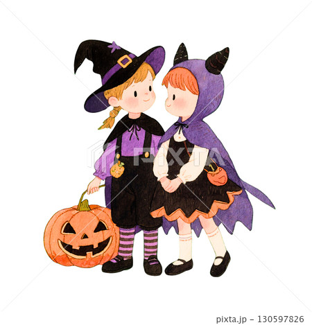 ハロウィンの子供たちのイラスト｜かぼちゃ・仮装・トリックオアトリート 130597826