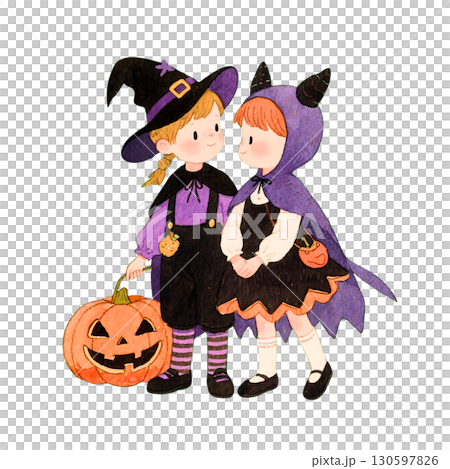 ハロウィンの子供たちのイラスト｜かぼちゃ・仮装・トリックオアトリート 130597826