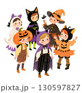 ハロウィン仮装のかわいい子供たちの集合イラスト｜魔女・かぼちゃ・黒猫・おばけ 130597827