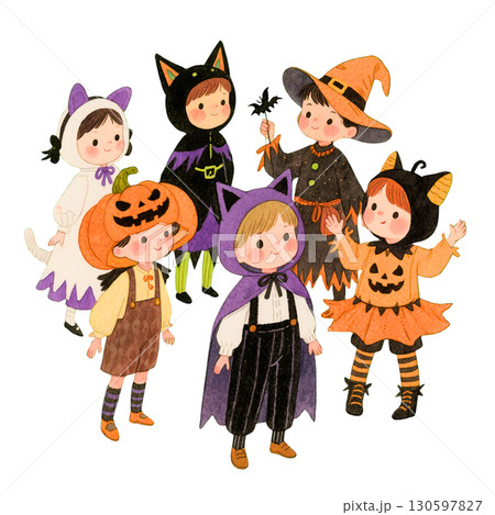 ハロウィン仮装のかわいい子供たちの集合イラスト｜魔女・かぼちゃ・黒猫・おばけ 130597827