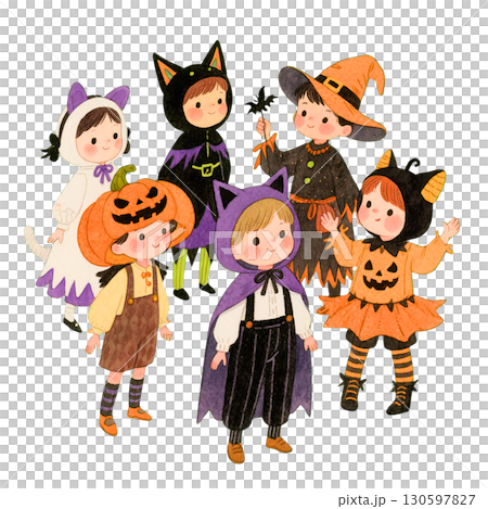 ハロウィン仮装のかわいい子供たちの集合イラスト｜魔女・かぼちゃ・黒猫・おばけ 130597827