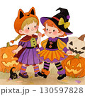 ハロウィン仮装した女の子たちの可愛いイラスト｜魔女・かぼちゃ・黒猫 130597828