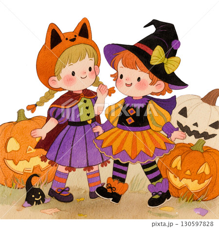 ハロウィン仮装した女の子たちの可愛いイラスト｜魔女・かぼちゃ・黒猫 130597828