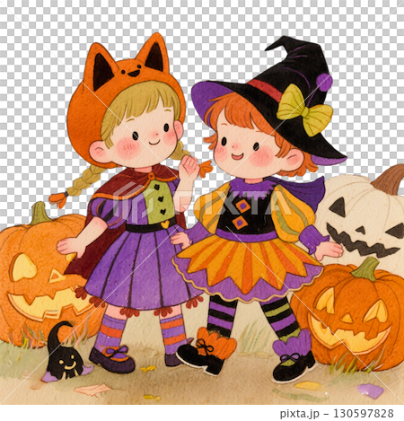 ハロウィン仮装した女の子たちの可愛いイラスト｜魔女・かぼちゃ・黒猫 130597828