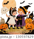 ハロウィン仮装の可愛い子供たちのイラスト｜魔法使い・黒猫・おばけ・かぼちゃランタン 130597829