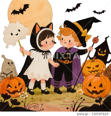 ハロウィン仮装の可愛い子供たちのイラスト｜魔法使い・黒猫・おばけ・かぼちゃランタン 130597829