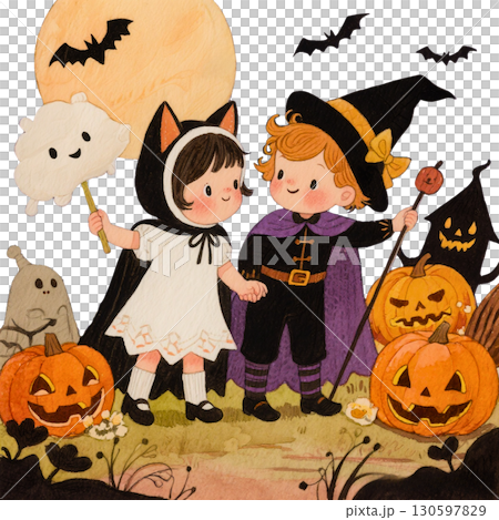 ハロウィン仮装の可愛い子供たちのイラスト｜魔法使い・黒猫・おばけ・かぼちゃランタン 130597829