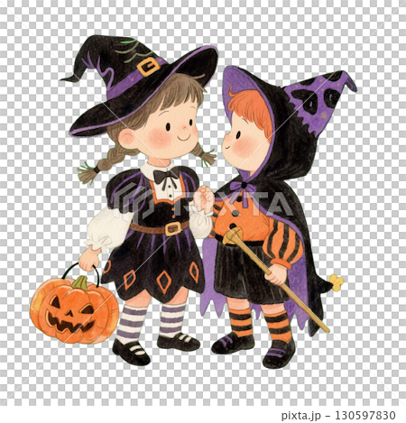 ハロウィン仮装の可愛い子供たちのイラスト｜魔女・かぼちゃ・トリックオアトリート 130597830
