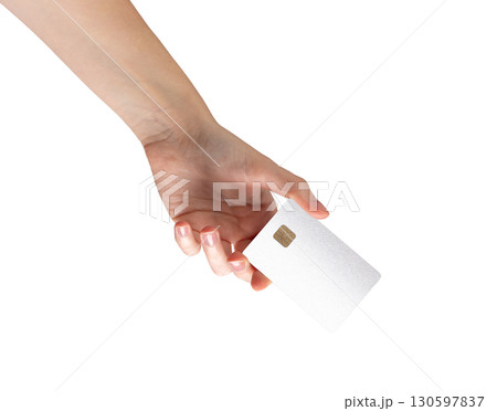 A woman holding a bankcard, showcasing secure payment and fund transfer methods. Her hand gripping 130597837