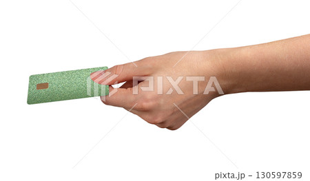 Card held closeup. Finger grip with chip, bank payment, salary transfer, cashback, revenue, finance, 130597859