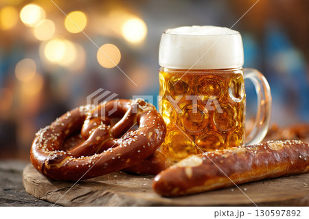 Traditional set at the beer and folklore festival in Bavaria. Banner for Oktoberfest. Golden bokeh. 130597892