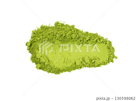 Matcha powder isolated, green tea dust pile, spirulina flour, powdered chlorella, dry extract Matcha powder isolated, green tea dust pile, spirulina flour, powdered chlorella, dry extract 130598062