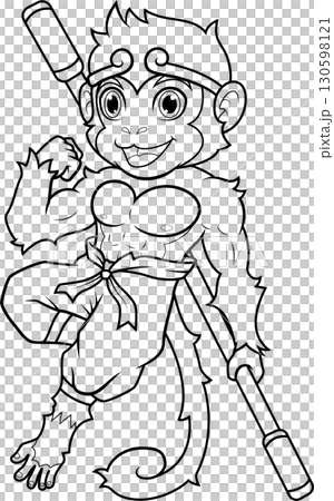Monkey King Poses with Staff Line Art 130598121