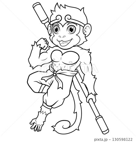 Monkey King Poses with Staff Line Art 130598122
