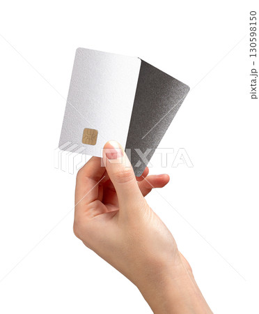 Finger gripping card with chip illustrates secure payment flow, cashback benefits, and steady 130598150