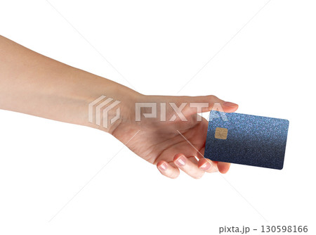 holding a bankcard, showcasing secure payment and transfer options. Her hand gripping the plastic holding a bankcard, showcasing secure payment and transfer options. Her hand gripping the plastic 130598166