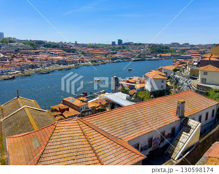 Panoramic view of Porto and Vila Nova de Gaia with Douro River, sailing boats, red tile rooftops in Panoramic view of Porto and Vila Nova de Gaia with Douro River, sailing boats, red tile rooftops in 130598174