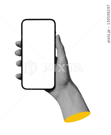 Hand holding phone screen, mobile app, isolated on white. 130598297