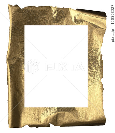 picture frame crafted from crumpled golden foil with torn and rippled edges. Shiny metallic texture 130598327