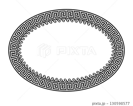 Vector oval monochrome classic frame. Greek key, wave meander. Patterns of Greece and Ancient Rome. Oval European frame. Oval antique Greek frame. Typical Egyptian, Assyrian and Greek motifs. Vector oval monochrome classic frame. Greek key, wave meander. Patterns of Greece and Ancient Rome. Oval European frame. Oval antique Greek frame. Typical Egyptian, Assyrian and Greek motifs. 130598577