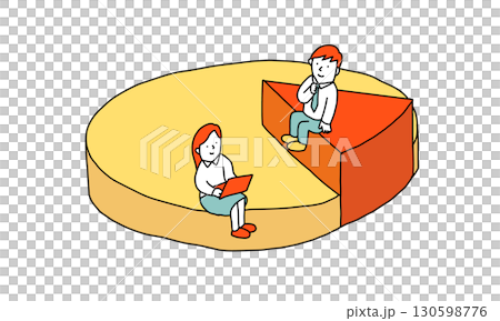 円グラフの上に座って、それぞれの割合について考える二人のイラスト 130598776