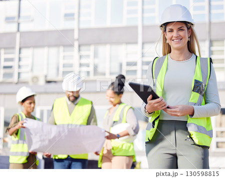 Architect, leader and woman construction worker with tablet, smile in portrait with digital blueprint. Architecture, contractor and happy female engineer, building industry and team with floor plan 130598815