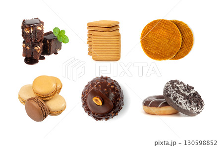 Assorted cakes set isolated. Many biscuit desserts, sweet bakery collage, cookie collection Assorted cakes set isolated. Many biscuit desserts, sweet bakery collage, cookie collection 130598852