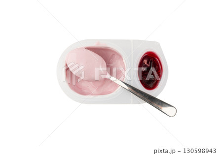Yogurt cup isolated, white yoghurt with cherry jam in plastic pot, milk pudding container Yogurt cup isolated, white yoghurt with cherry jam in plastic pot, milk pudding container 130598943