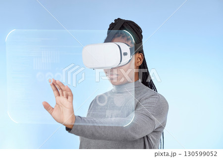 Vr, augmented reality and digital with black woman and 3d hologram for future, cyber and metaverse. Media, ui and technology with girl and headset for ux interface, innovation and data graphics 130599052