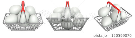 Wire baskets filled with eggs, isolated on white transparent background, concept of kitchen storage Wire baskets filled with eggs, isolated on white transparent background, concept of kitchen storage 130599070