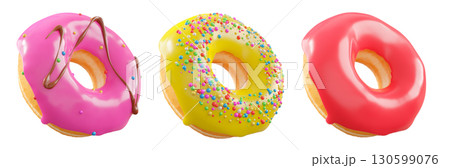 Donuts with pink fruit glaze, sprinkles, white drizzle, and dots isolated on white transparent background 130599076