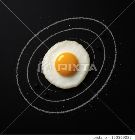Fried egg with salt orbits and peppercorn planets on black background 130599083
