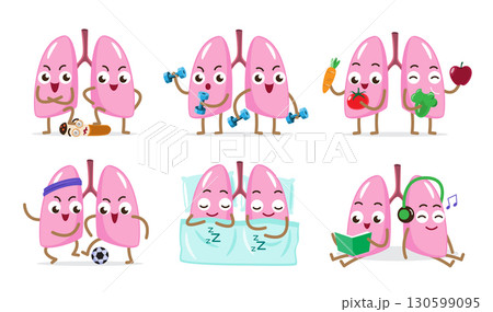 Set of healthy and strong lung cartoon illustration . Isolated white background . Vector . 130599095