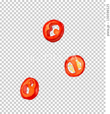 Cut red chili peppers - hand-drawn watercolor illustration of vegetables and condiments Cut red chili peppers - hand-drawn watercolor illustration of vegetables and condiments 130599125