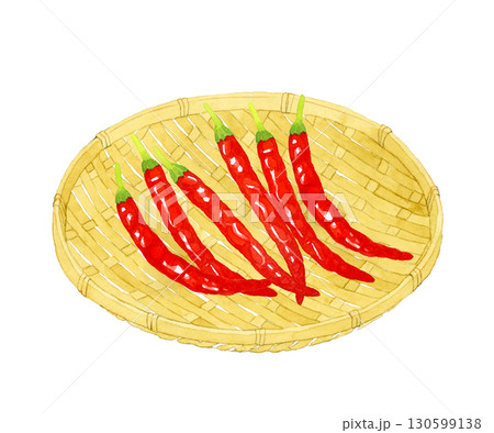 竹ざるに乗った赤唐辛子　野菜・薬味の手描き水彩イラスト素材 130599138