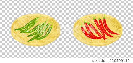 竹ざるに乗った青唐辛子＆赤唐辛子　野菜・薬味の手描き水彩イラスト素材 130599139