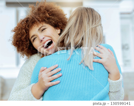 Love, friends and women hug, reunion and excited for achievement, happiness and outdoor. Young females, ladies and embrace outside, celebration for bonding and support with smile, relax or cheerful Love, friends and women hug, reunion and excited for achievement, happiness and outdoor. Young females, ladies and embrace outside, celebration for bonding and support with smile, relax or cheerful 130599141