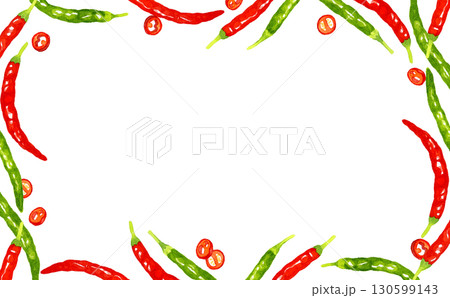 青唐辛子＆赤唐辛子のフレーム　野菜・薬味の手描き水彩イラスト背景素材 130599143