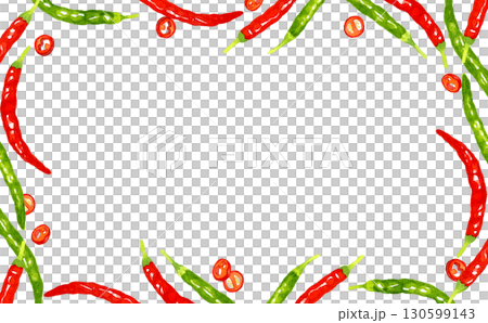 Green chili pepper and red chili pepper frame. Hand-drawn watercolor illustration background material of vegetables and condiments. 130599143