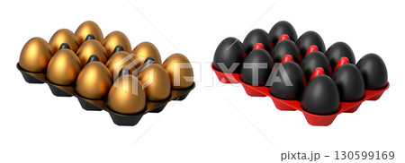 Plastic trays filled with neatly stacked gold and black eggs, isolated on white transparent background. Plastic trays filled with neatly stacked gold and black eggs, isolated on white transparent background. 130599169