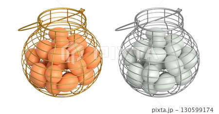 Wire baskets filled with eggs, isolated on white transparent background, concept of kitchen storage 130599174