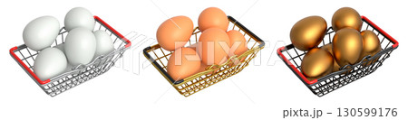 Wire baskets filled with eggs, isolated on white transparent background, concept of kitchen storage 130599176