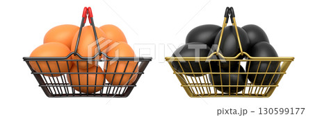 Wire baskets filled with eggs, isolated on white transparent background, concept of kitchen storage 130599177