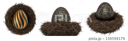 Elegant black eggs with gold patterns in bird nests, isolated on white transparent background. Elegant black eggs with gold patterns in bird nests, isolated on white transparent background. 130599179