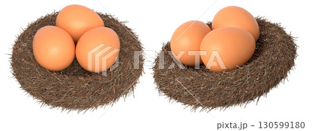 Brown eggs in bird nests isolated on white transparent background. Brown eggs in bird nests isolated on white transparent background. 130599180