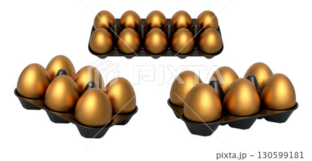 Plastic trays filled with neatly stacked gold eggs, isolated on white transparent background. Plastic trays filled with neatly stacked gold eggs, isolated on white transparent background. 130599181