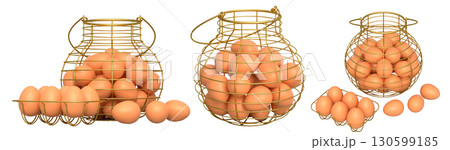 Wire baskets filled with eggs, isolated on white transparent background, concept of kitchen storage Wire baskets filled with eggs, isolated on white transparent background, concept of kitchen storage 130599185