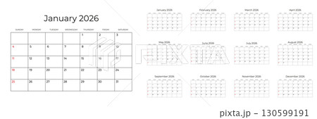 Minimalist calendar for each month of 2026 for printing. The week starts on Sunday. Minimalist wall calendar. Simple and clear design. Ready to print. Vector illustration Minimalist calendar for each month of 2026 for printing. The week starts on Sunday. Minimalist wall calendar. Simple and clear design. Ready to print. Vector illustration 130599191